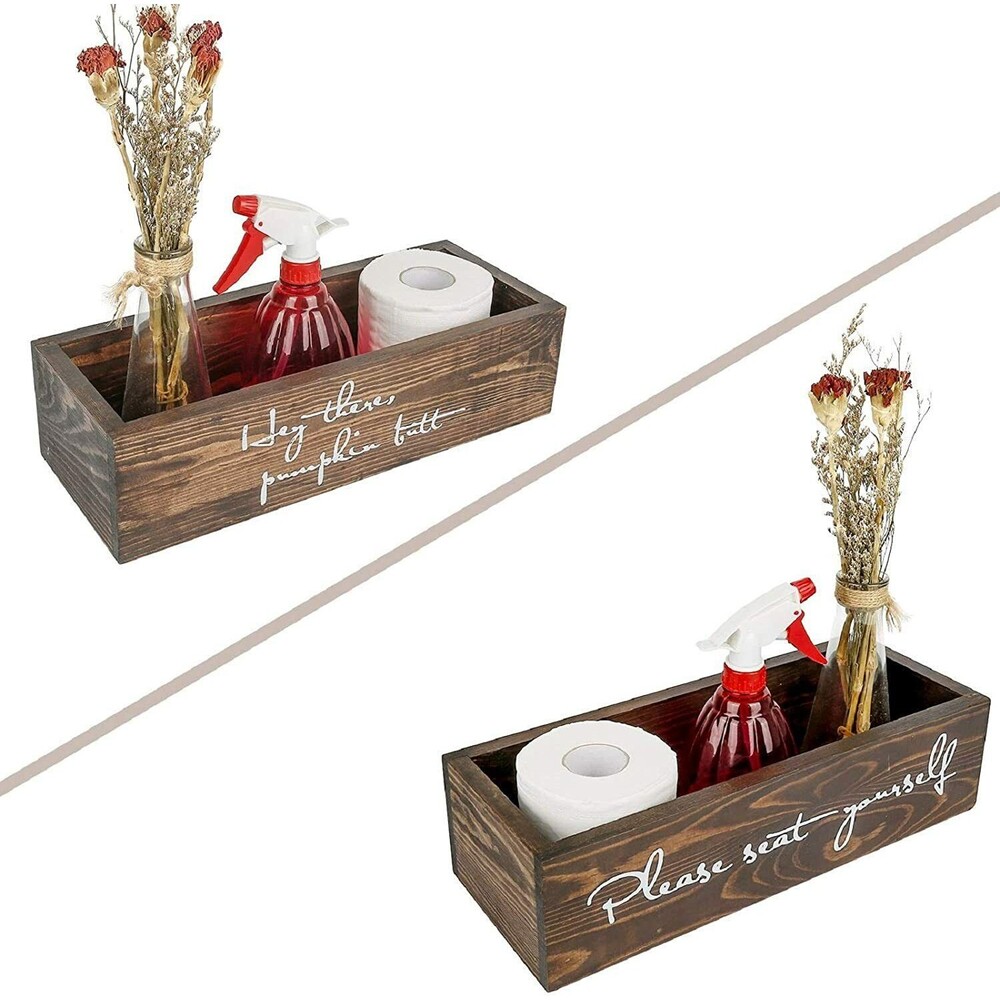 2 Sided Bathroom Decor Box with Funny Words, Rustic Wooden Toilet Paper Holder